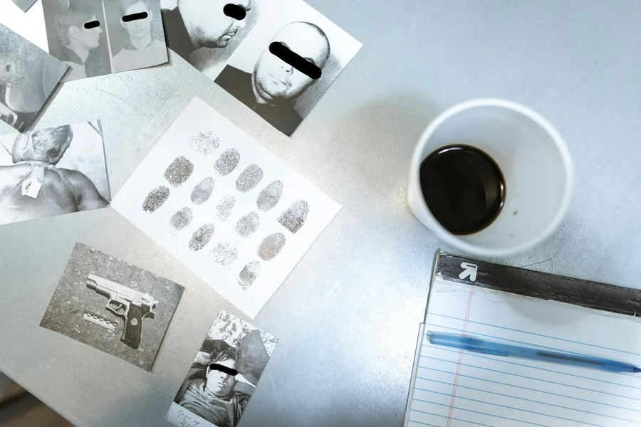 Flat lay of forensic evidence and police investigation documents on a desk.