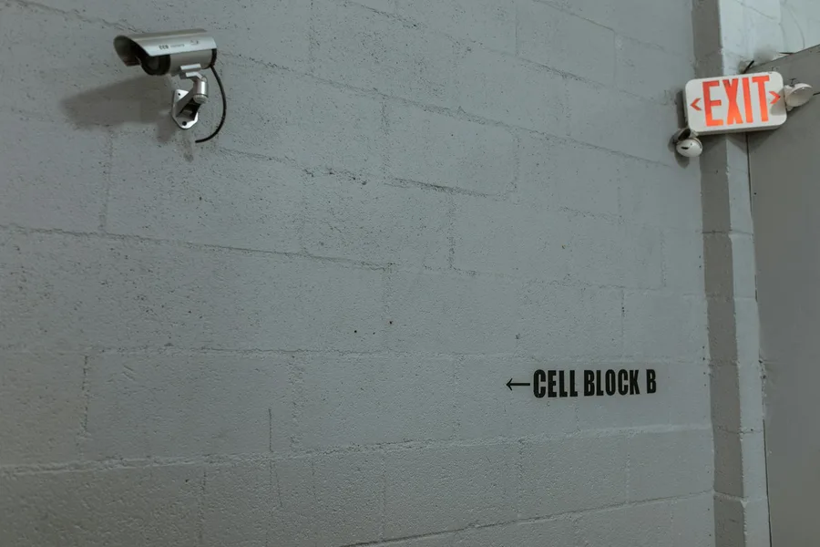 Surveillance camera and exit sign in a cell block corridor.