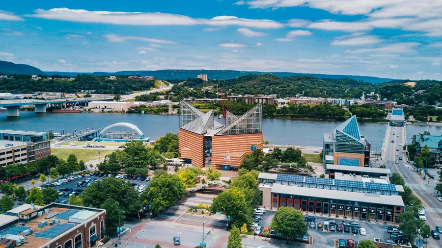 Beautiful aerial view of Chattanooga, Tennessee, showcasing the downtown area and Tennessee River.
