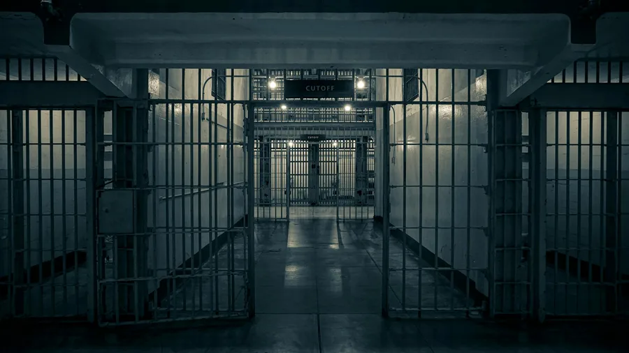 Moody interior of a prison corridor with metal bars, evoking a sense of confinement.
