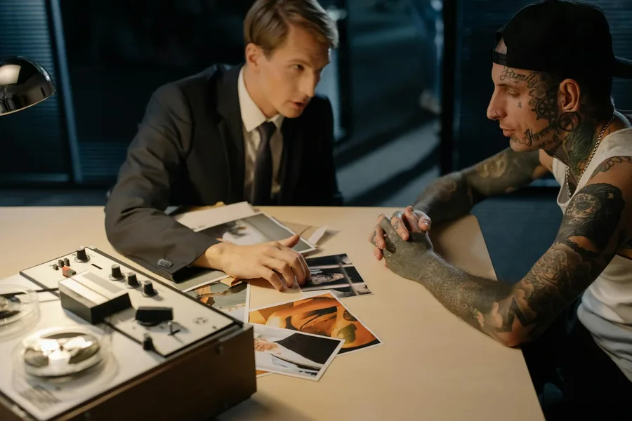 Detective and tattooed suspect in an intense interrogation scene with photos on the table.