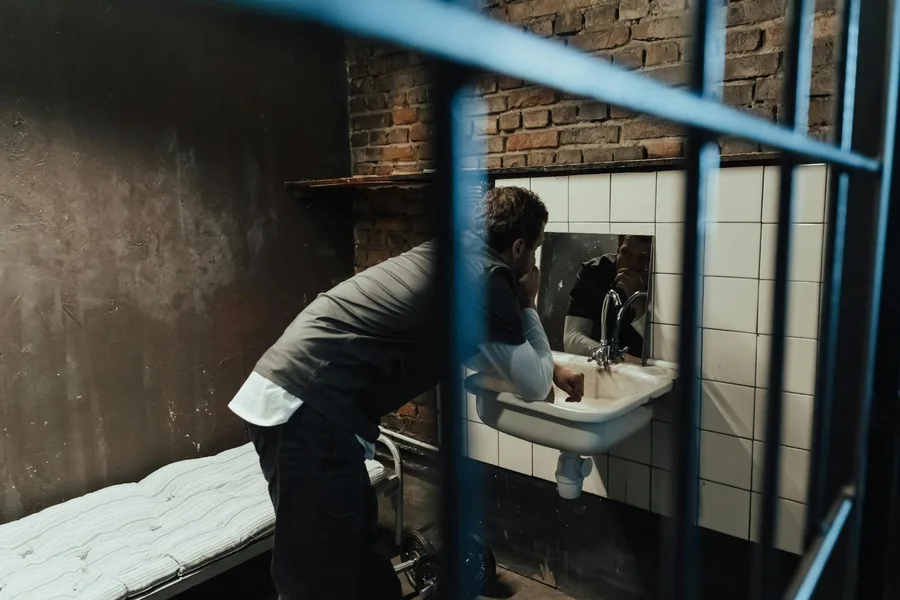 A man in a prison cell leaning over a sink, reflecting a somber mood.