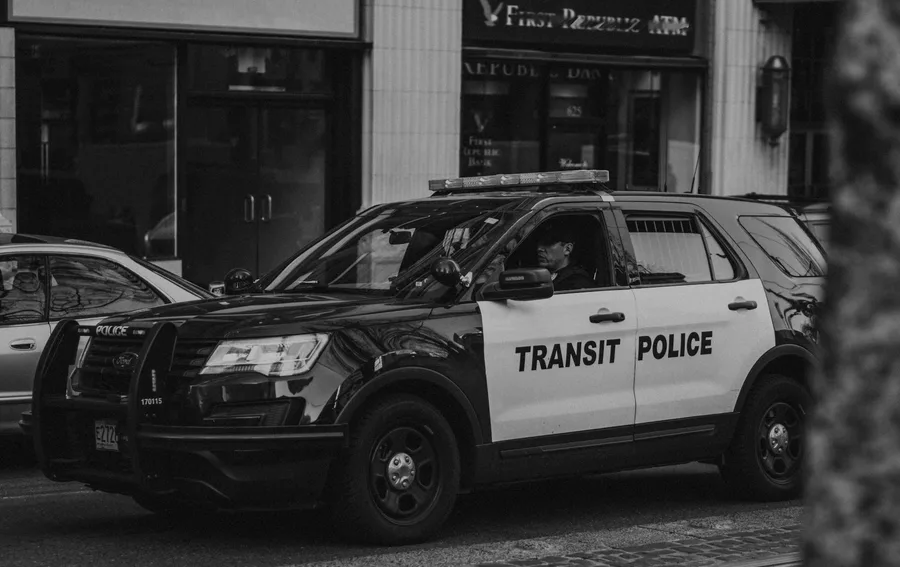 Monochrome image of a transit police car in Portland, Oregon, USA.