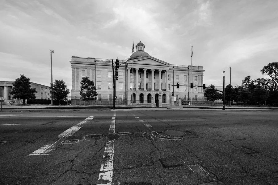 Black and white photo of a historic building in Jackson, Mississippi.
