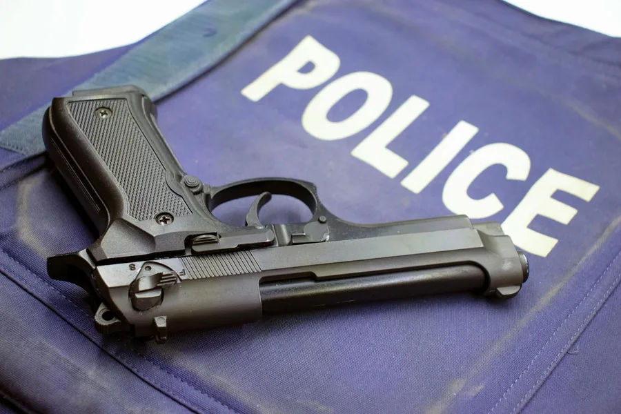 A black pistol resting on a police vest, highlighting law enforcement gear.