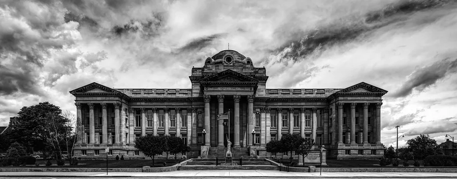 pueblo county, courthouse, building, architecture, panorama, sunset, dusk, sky, clouds, mood, law, justice, landmark, historic, landscape, black and white, colorado, america, gray sunset, nature, gray law