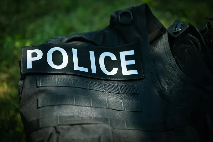 Detailed shot of a police vest lying outdoors, highlighting law enforcement gear.
