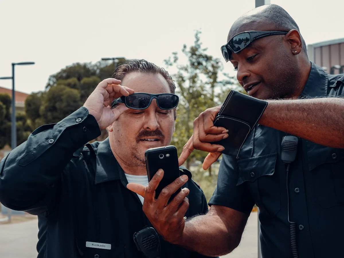 Two police officers analyzing information on a smartphone outdoors.
