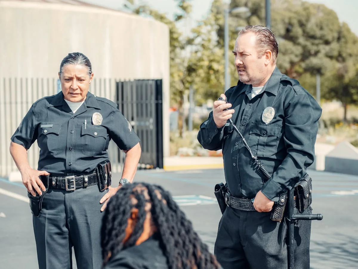 Two police officers interacting at a crime scene, focusing on communication and law enforcement duties.
