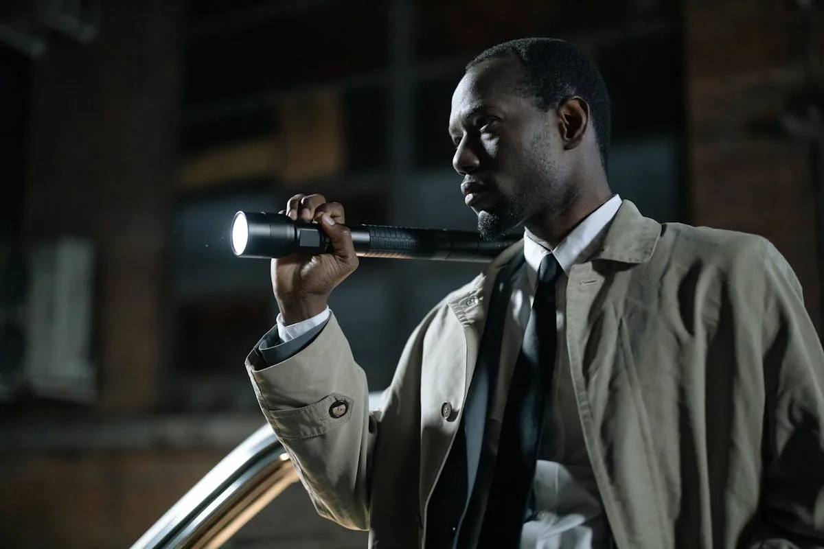 African-American detective in a beige trench coat holding a flashlight outdoors at night.
