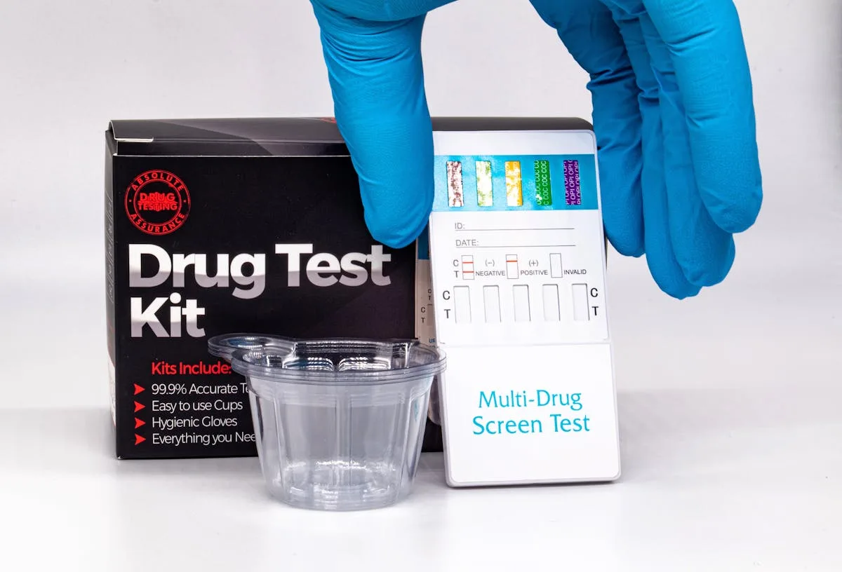 A detailed view of a drug test kit used in laboratory settings for health and safety screening.

