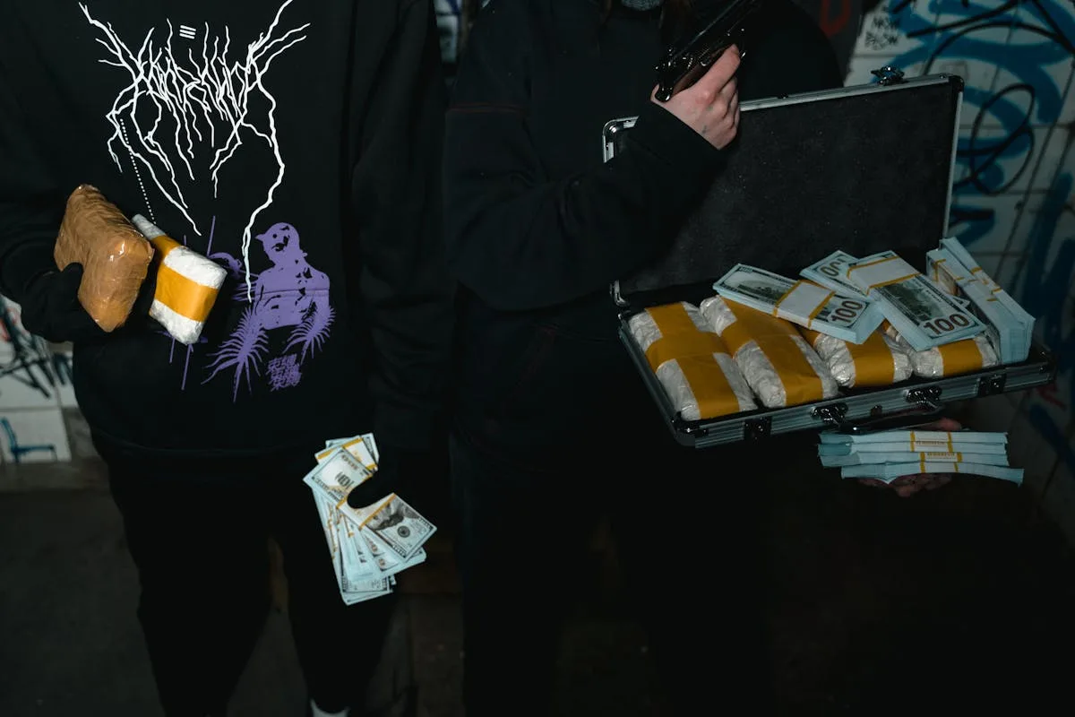 Dark urban scene depicting exchange of cash and drugs, highlighting crime.
