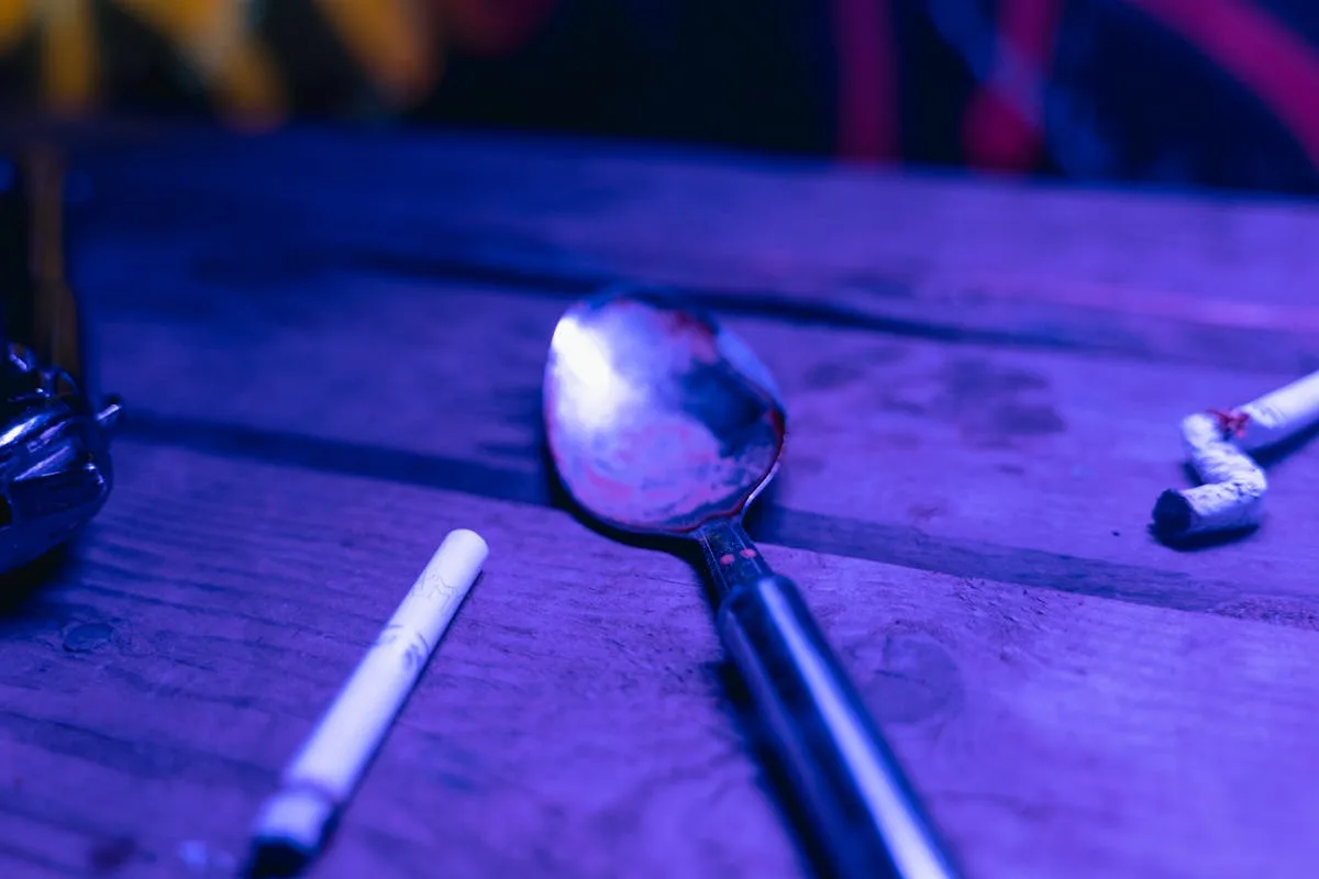 Dramatic depiction of potential drug use with spoon and cigarette in moody lighting.
