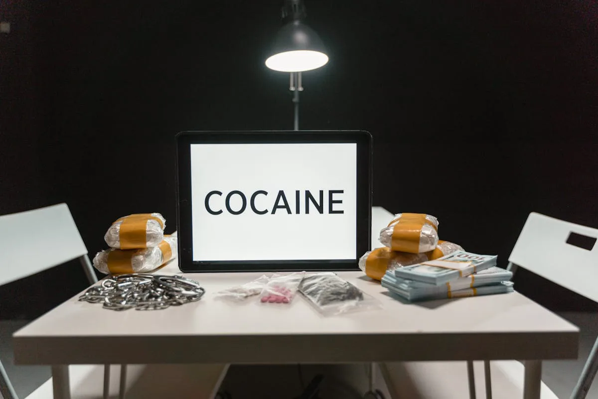 Cocaine word on tablet with bags of drugs in a dimly lit room.
