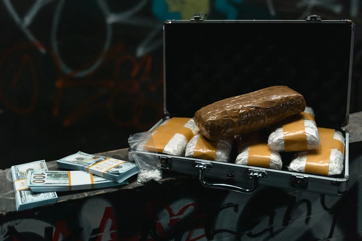 A dramatic scene of cash and drugs in an open briefcase on a graffiti-marked surface.
