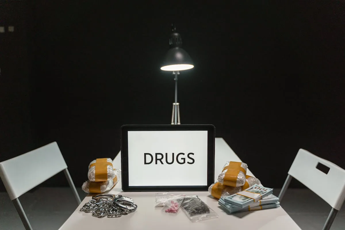 A dimly lit room with a sign displaying 'DRUGS' surrounded by money and illegal substances.
