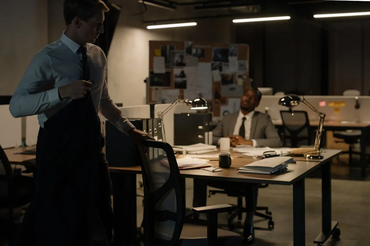 Two detectives working late in the office analyzing documents, suits, and board of evidence.
