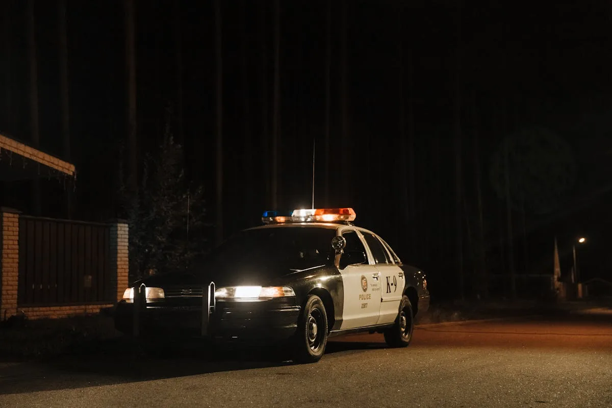 A K-9 police car parked on a dark forest road at night with lights flashing.
