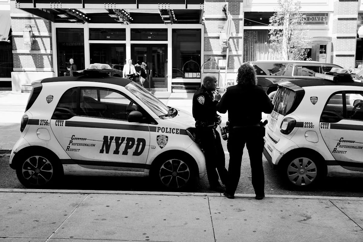 NYPD officers in conversation beside marked police cars on a city street, captured in black and white.
