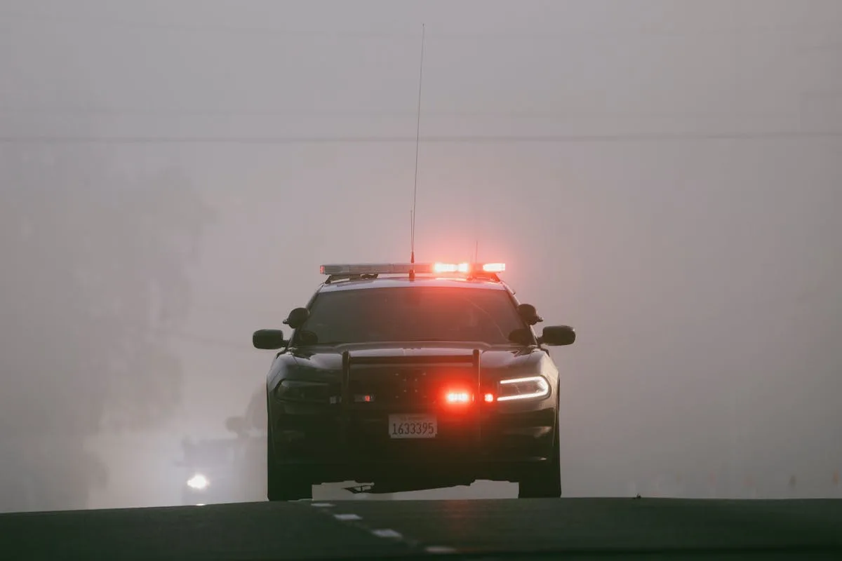 Red lights illuminate a foggy road as a police car approaches, creating an intense atmosphere.
