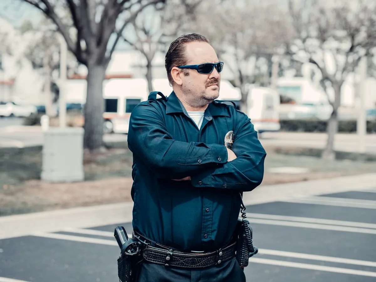 A police officer in uniform stands confidently outdoors with arms crossed and sunglasses.