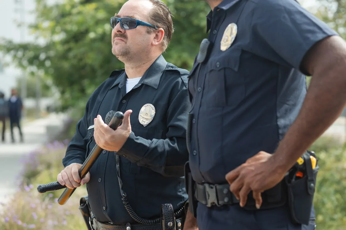 Two police officers in uniform outdoors, equipped with baton and radio, looking vigilant and ready to serve.