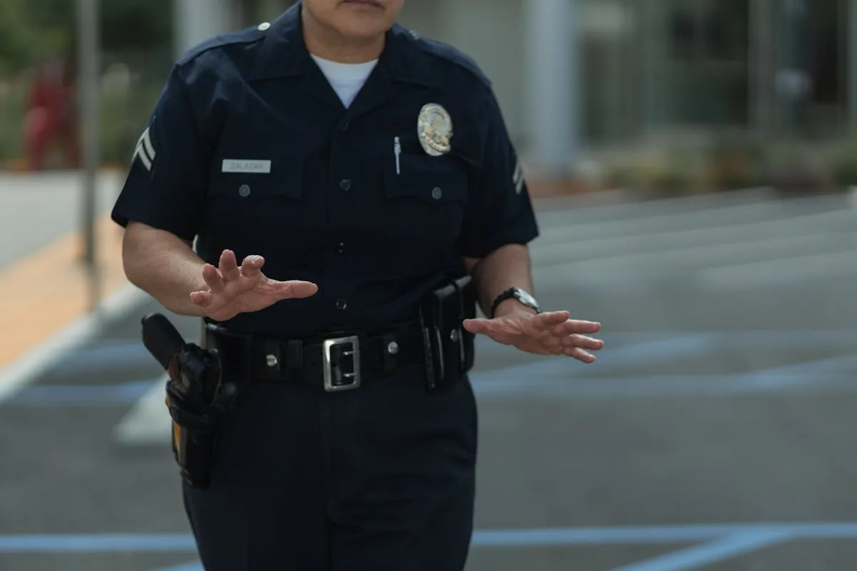 A police officer in uniform making gestures outdoors in a parking lot.