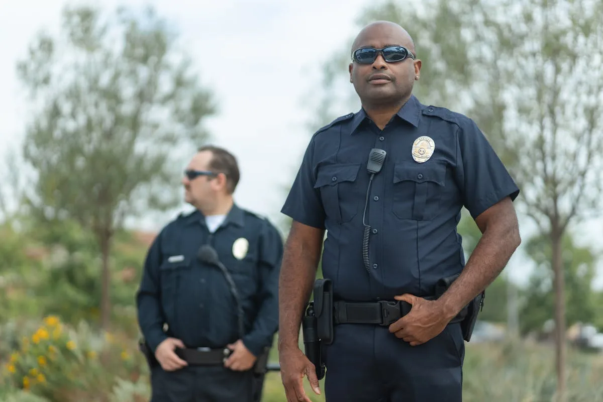 Two police officers in uniform ensure public safety, standing confidently outside.
