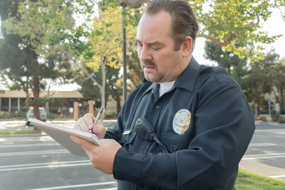 A police officer outdoors writing a report on a notepad. Trees in the background.
